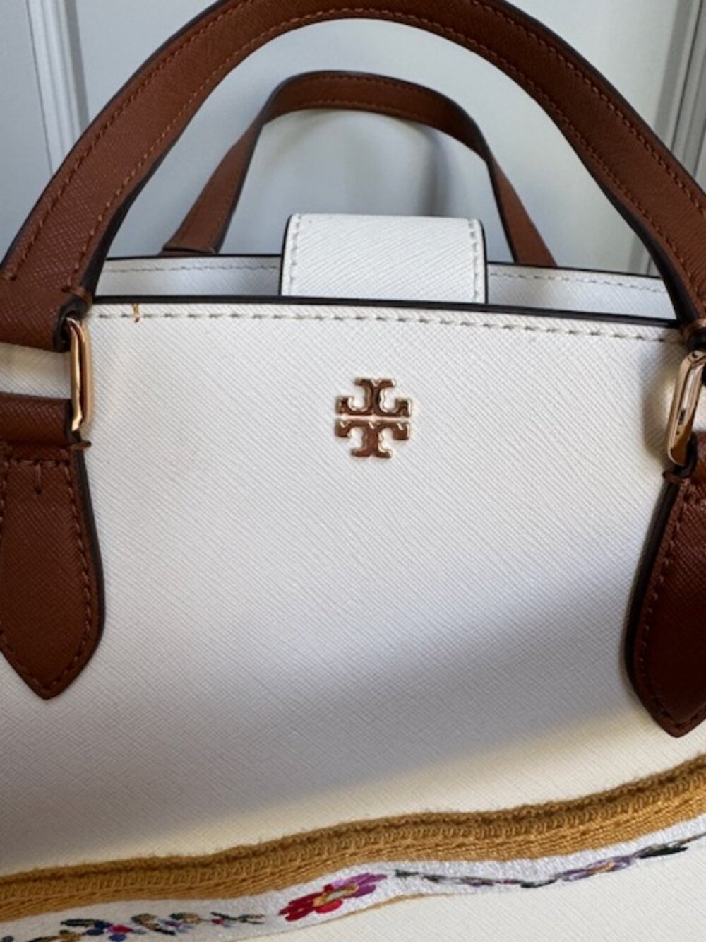 Tory Burch Cream Leather Satchel with Brown Handles and Yellow Floral Strap - Picture 3 of 14